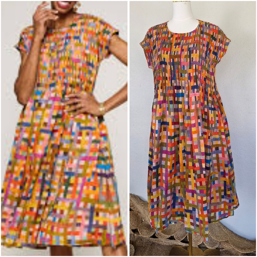 Neeru Kumar Multicolor Pintuck Dress Cotton Silk Rainbow Check Midi Lined S